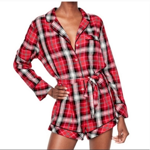 Victoria’s Secret Red Plaid Flannel Sleep Romper Silver Threads Sz Small NEW - Picture 12 of 12
